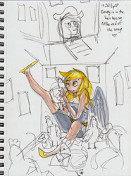 Size: 2450x3294 | Tagged: safe, artist:asterdog, imported from derpibooru, derpy hooves, chicken, human, may the best pet win, animal, chicken coop, humanized, indoors, inside, light skin, partial color, scene interpretation, traditional art