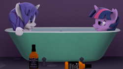 Size: 1920x1080 | Tagged: safe, artist:mr.tektite, imported from derpibooru, rarity, twilight sparkle, alicorn, pony, unicorn, 3d, alcohol, applejack daniel's, bath, bathtub, bedroom eyes, claw foot bathtub, drunk, drunk rarity, drunk twilight, explicit source, eye contact, female, grin, lesbian, lust, mare, messy mane, rarilight, shipping, smiling, source filmmaker, twilight sparkle (alicorn), unsure, wet mane, worried