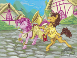 Size: 3600x2700 | Tagged: safe, artist:substantiallyuseless, imported from derpibooru, cheese sandwich, pinkie pie, pony, pinkie pride, accordion, banjo, bipedal, cheesepie, eyes closed, female, harmonica, male, musical instrument, shipping, sousaphone, straight, tuba