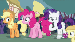Size: 576x324 | Tagged: safe, imported from derpibooru, screencap, ace, ace point, applejack, carrot top, doctor whooves, golden harvest, lyra heartstrings, minuette, noi, pinkie pie, rarity, time turner, earth pony, pegasus, pony, unicorn, simple ways, airhead, animated, background pony, derp, female, filly, floating, frown, gasp, head, hub logo, hubble, inflation, looking up, male, mare, open mouth, pinkie being pinkie, pinkie physics, stallion, the hub, wat, wide eyes