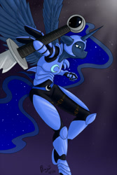 Size: 686x1024 | Tagged: safe, artist:bingodingo, imported from derpibooru, princess luna, alicorn, anthro, armor, female, solo, sword