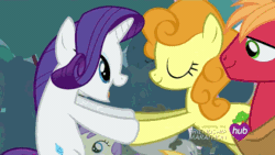 Size: 576x324 | Tagged: safe, imported from derpibooru, screencap, big macintosh, carrot top, golden harvest, truffle shuffle, earth pony, pony, unicorn, simple ways, animated, cute, eyes closed, female, hub logo, hubble, loop, male, mare, open mouth, raribetes, smiling, stallion, the hub