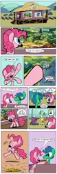 Size: 1280x3860 | Tagged: safe, artist:joeywaggoner, imported from derpibooru, pinkie pie, the clone that got away, too many pinkie pies, busking, comic, dancing, diane, hilarious in hindsight, map of equestria, moustache, pie incognito, train