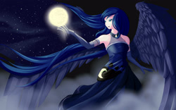 Size: 2560x1600 | Tagged: safe, artist:dstears, imported from derpibooru, princess luna, human, female, humanized, light skin, moon, solo, tangible heavenly object, winged humanization