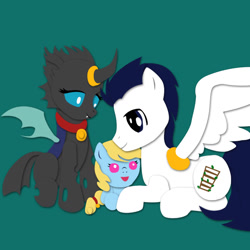Size: 950x950 | Tagged: safe, artist:the-paper-pony, imported from derpibooru, oc, oc only, oc:kuno, oc:swarm, changeling, hybrid, fanfic:an affliction of the heart, bell, bell collar, changeling oc, collar, cute, fangs, foal, horn ring, love, offspring, prone, ring, smiling, spread wings, warden, wing ring