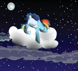 Size: 1024x931 | Tagged: safe, artist:rulette, imported from derpibooru, rainbow dash, soarin', pegasus, pony, clothes, female, male, mare, shipping, shipping war in the comments, sleeping, soarindash, stallion, straight