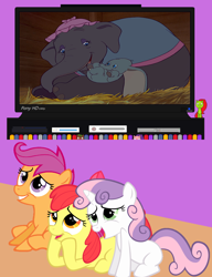 Size: 1170x1524 | Tagged: safe, artist:miketheelephantbrony, imported from derpibooru, apple bloom, scootaloo, sweetie belle, cutie mark crusaders, dumbo, exploitable meme, meme, mrs. jumbo, obligatory pony, this will end in tears, tv meme