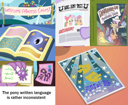 Size: 1106x910 | Tagged: safe, imported from derpibooru, apple bloom, daring do, scootaloo, spike, sweetie belle, banner, book, comedy and tragedy, cutie mark crusaders, foal free press, observation, sihovi, we couldn't fit it all in, welcome princess celest, written equestrian