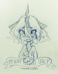 Size: 634x800 | Tagged: safe, artist:jopiter, imported from derpibooru, queen chrysalis, changeling, changeling queen, crying, female, monochrome, old banner, ribbon, sad, sketch, solo, traditional art, tumblr