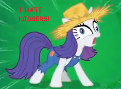 Size: 471x346 | Tagged: safe, edit, edited screencap, imported from derpibooru, screencap, rarity, pony, unicorn, simple ways, background pony strikes again, caption, comic sans, female, hat, image macro, mare, mouthpiece, needs more jpeg, op is a duck, out of character, racial slur, racism, rariderp, rarihick, solo, straw hat, text, vulgar