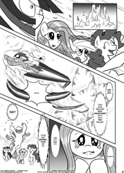 Size: 1144x1600 | Tagged: safe, imported from derpibooru, applejack, fluttershy, pinkie pie, pound cake, scootaloo, twilight sparkle, comic, fanbook, monochrome, p.f.f., yay