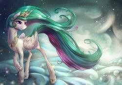 Size: 1518x1056 | Tagged: safe, artist:viwrastupr, imported from derpibooru, princess celestia, cloud, cloudy, female, solo, windswept mane