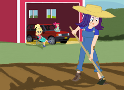 Size: 1920x1400 | Tagged: safe, artist:garretthegarret, imported from derpibooru, apple bloom, applejack, rarity, human, equestria girls, simple ways, a113, applejewel, car, hat, hoe, hoe (tool), human coloration, land rover, land rover range rover, mud, muddy, overalls, rarihick, straw hat, suv, sweat