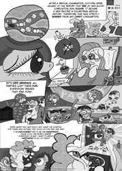 Size: 1144x1600 | Tagged: safe, imported from derpibooru, bon bon, dj pon-3, fluttershy, lyra heartstrings, pinkie pie, sweetie drops, twilight sparkle, vinyl scratch, earth pony, pegasus, unicorn, bon bon is not amused, butt, comic, drool, fanbook, female, flower, kissing, lesbian, mare, monochrome, one eye closed, p.f.f., pillow, plot, sleeping, unamused