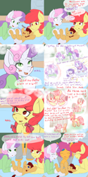 Size: 2560x5120 | Tagged: safe, artist:sagasshi, imported from derpibooru, apple bloom, scootaloo, sweetie belle, oc, oc:lightning blitz, pegasus, pony, comic:ask motherly scootaloo, absurd resolution, baby, baby pony, colt, comic, cutie mark crusaders, dialogue, foal, hairpin, male, motherly scootaloo, offspring, older, older apple bloom, older scootaloo, older sweetie belle, parent:rain catcher, parent:scootaloo, parents:catcherloo, speech bubble, sweatshirt