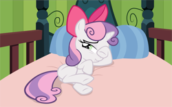 Size: 5121x3202 | Tagged: safe, artist:draco-runan, imported from derpibooru, sweetie belle, pony, somepony to watch over me, bed, bow, butt, female, plot, scrunchy face, solo, vector