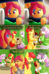 Size: 2048x3072 | Tagged: safe, artist:wavemasterkaz, imported from derpibooru, apple bloom, scootaloo, sweetie belle, oc, oc:lightning blitz, pegasus, pony, comic:ask motherly scootaloo, baby, baby bottle, baby pony, blank flank, bottle, clothes, colt, comic, cutie mark crusaders, dialogue, diaper, foal, hairpin, holding a pony, male, motherly scootaloo, offspring, older, older apple bloom, older scootaloo, older sweetie belle, parent:rain catcher, parent:scootaloo, parents:catcherloo, sweater, sweatshirt