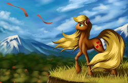 Size: 5100x3300 | Tagged: safe, artist:grennadder, imported from derpibooru, applejack, female, loose hair, mountain, scenery, solo, unshorn fetlocks, windswept mane