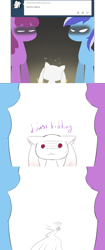 Size: 630x1498 | Tagged: safe, artist:askrubypinch, imported from derpibooru, berry punch, berryshine, minuette, alien, earth pony, pony, drunk, embarrassed, incubator (species), kyubey, meduka meguca, puella magi madoka magica, red eyes, running