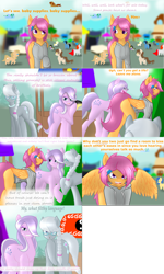 Size: 2560x4268 | Tagged: safe, artist:chardude, imported from derpibooru, diamond tiara, scootaloo, silver spoon, oc, oc:backy, oc:milky way, pony, comic:ask motherly scootaloo, comic, female, hairpin, mare, motherly scootaloo, older, pointy ponies, sweatshirt, vulgar