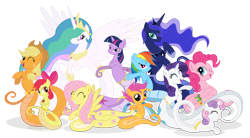 Size: 1540x851 | Tagged: safe, artist:elsdrake, imported from derpibooru, apple bloom, applejack, fluttershy, gummy, pinkie pie, princess celestia, princess luna, rainbow dash, rarity, scootaloo, sweetie belle, twilight sparkle, lamia, original species, celamia, cutie mark crusaders, fluttersnake, lamiafied, lamiajack, lamiashy, lamity, mane six, pinklamia pie, rainbow coils, simple background, species swap, transparent background, twilamia, twilight snakle