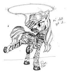 Size: 4288x4705 | Tagged: safe, artist:php64, imported from derpibooru, applejack, zebra, absurd resolution, female, lasso, monochrome, mouth hold, rope, solo, species swap, traditional art, unshorn fetlocks, zebrafied, zebrajack