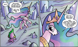 Size: 487x292 | Tagged: safe, idw, imported from derpibooru, princess celestia, spike, alicorn, dragon, pony, spoiler:comic, spoiler:comicff3, comic, crystal, duo, ethereal mane, female, male, mare, official comic, speech bubble