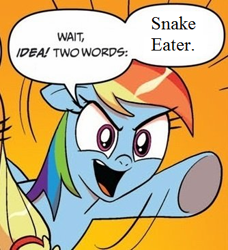 Size: 334x366 | Tagged: safe, imported from derpibooru, rainbow dash, exploitable meme, meme, metal gear, metal gear solid 3, snake eater, song, two words meme