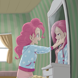 Size: 700x700 | Tagged: safe, artist:ringo, imported from derpibooru, pinkie pie, human, duality, elf ears, female, forced smile, humanized, mirror, open mouth, pinkamena diane pie, pixiv, sad, smiling, solo