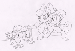 Size: 878x600 | Tagged: dead source, safe, artist:dfectivedvice, imported from derpibooru, apple bloom, scootaloo, sweetie belle, cutie mark crusaders, grayscale, gum, monochrome, sketch, traditional art