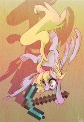 Size: 691x1000 | Tagged: safe, artist:kolshica, imported from derpibooru, derpy hooves, pegasus, pony, backbend, butt, diamond pickaxe, female, mare, minecraft, pickaxe, plot, solo