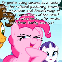 Size: 480x480 | Tagged: safe, imported from derpibooru, applejack, cheese sandwich, pinkie pie, rarity, pinkie pride, adventure in the comments, france, insane pony thread, s'mores, text, united states