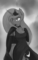 Size: 714x1120 | Tagged: safe, artist:ninjapony, imported from derpibooru, princess luna, anthro, female, monochrome, sketch, solo