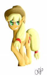 Size: 1183x1903 | Tagged: safe, artist:azgamerman, imported from derpibooru, applejack, crossed legs, female, simple background, smiling, solo