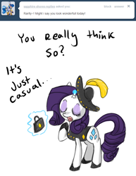 Size: 638x825 | Tagged: safe, artist:moonblizzard, imported from derpibooru, rarity, ask, bag, clothes, female, hat, magic, rarity answers, solo, tumblr