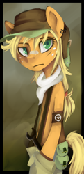 Size: 1042x2158 | Tagged: safe, artist:facerenon, imported from derpibooru, applejack, anthro, bandaid, bandaid on nose, bipedal, clothes, female, hat, portrait, solo, wrench