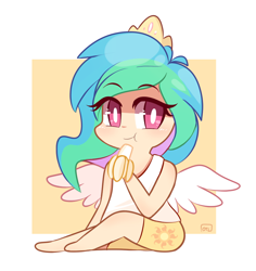 Size: 940x995 | Tagged: safe, artist:php56, imported from derpibooru, princess celestia, human, abstract background, banana, barefoot, chibi, cute, cutelestia, eating, feet, female, humanized, looking at you, sitting, solo, winged humanization