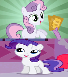 Size: 576x648 | Tagged: safe, imported from derpibooru, rarity, spike, sweetie belle, female, filly, filly rarity, fistful of tickets, fistful of yen, male, raribelle, shipping, spikebelle, straight, ticket, wrong aspect ratio, younger