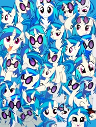 Size: 1200x1600 | Tagged: safe, artist:lozpony, imported from derpibooru, dj pon-3, vinyl scratch, pony, unicorn, collage, cutie mark, drink, drinking, eyes closed, female, filly, foal, hooves, horn, looking at you, mare, multeity, open mouth, record, shrug, shrugpony, smiling, so much pony, solo, sunglasses, teeth, tongue out, vector, vinyl album, younger