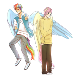 Size: 2000x2000 | Tagged: safe, artist:laigubalane, imported from derpibooru, fluttershy, rainbow dash, human, blushing, butterscotch, clothes, converse, ear piercing, eared humanization, humanized, piercing, rainbow blitz, rule 63, shoes, sweatershy, tailed humanization, winged humanization