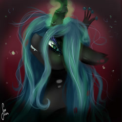 Size: 2000x2000 | Tagged: safe, artist:saoiirse, imported from derpibooru, queen chrysalis, changeling, changeling queen, crown, eyelashes, fangs, female, glowing, glowing horn, horn, jewelry, magic, portrait, regalia, sad, solo