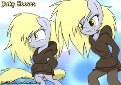 Size: 1280x900 | Tagged: safe, artist:isle-of-forgotten-dreams, imported from derpibooru, derpy hooves, oc, oc:jerky hooves, anthro, pegasus, bipedal, hand in pocket, hands in pockets