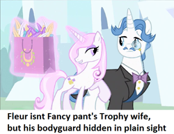 Size: 627x483 | Tagged: safe, edit, edited screencap, imported from derpibooru, screencap, fancypants, fleur-de-lis, pony, unicorn, sweet and elite, bodyguard, bowtie, canterlot, clothes, feather, female, headcanon, jacket, magic, magic aura, male, mare, monocle, raised hoof, shopping bag, stallion, telekinesis