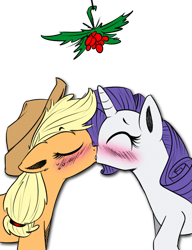 Size: 573x748 | Tagged: source needed, safe, artist:venezolanbrony, artist:xioade, edit, imported from derpibooru, applejack, rarity, earth pony, pony, unicorn, blushing, christmas, cute, duo, eyes closed, female, floppy ears, holly, holly mistaken for mistletoe, kiss on the lips, kissing, lesbian, mare, messy mane, rarijack, shipping