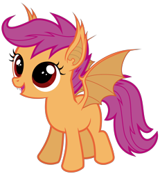 Size: 5534x6000 | Tagged: safe, artist:magister39, imported from derpibooru, scootaloo, bat pony, pony, vampony, absurd resolution, bat ponified, cute, cutealoo, fangs, female, looking up, open mouth, race swap, scootabat, simple background, smiling, solo, spread wings, transparent background, vector, wings