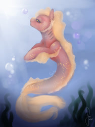 Size: 1200x1600 | Tagged: safe, artist:saoiirse, imported from derpibooru, oc, oc only, merpony, bubble, crepuscular rays, fins, fish tail, flowing tail, gills, looking up, ocean, painting, saoiirse, seaweed, signature, solo, sunlight, tail, underwater, water