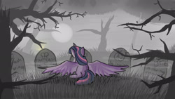 Size: 1920x1080 | Tagged: safe, artist:nightdraft9, imported from derpibooru, applejack, fluttershy, pinkie pie, rainbow dash, rarity, twilight sparkle, alicorn, pony, eternity's end, feels, female, fog, grave, gravestone, gray, immortality blues, implied death, mane six, mare, sad, solo, spread wings, twilight sparkle (alicorn), twilight will outlive her friends, wings