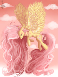 Size: 768x1024 | Tagged: safe, artist:saoiirse, imported from derpibooru, fluttershy, female, flying, long mane, long tail, painting, solo