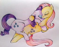 Size: 1027x821 | Tagged: safe, artist:sk-ree, imported from derpibooru, fluttershy, rarity, female, flarity, lesbian, shipping, traditional art