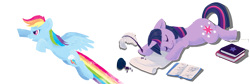 Size: 1291x433 | Tagged: safe, artist:denalilobita, artist:growly, imported from derpibooru, rainbow dash, twilight sparkle, action, book, happy, ink, quill pen, sleeping, smiling, spill, superman pose